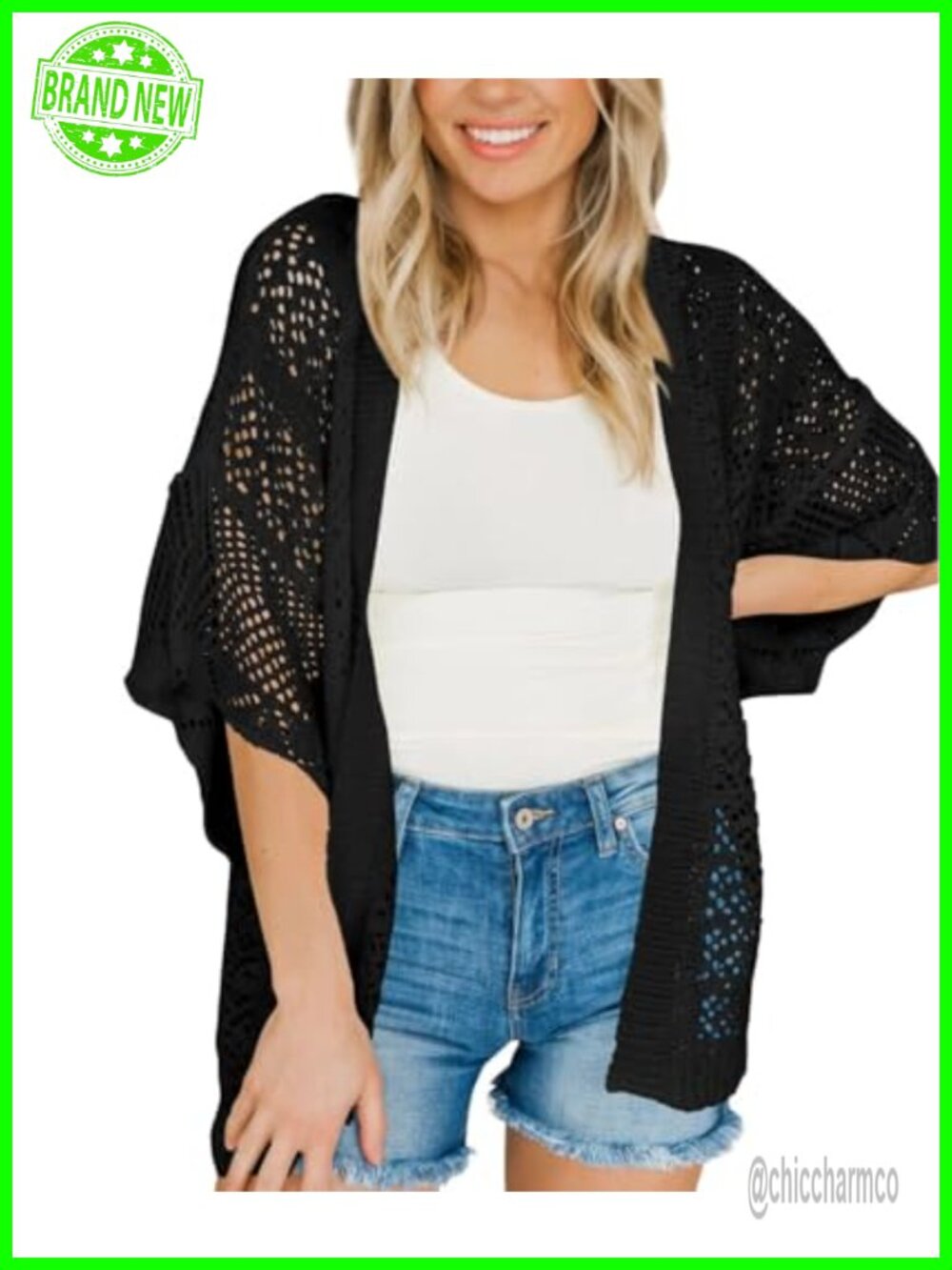 Crochet Cardigan Womens Oversized Open Front 3/4 Sleeve Summer Knit